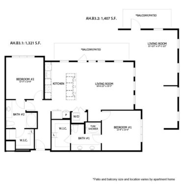 Rendering of the AH B3 floor plan with 2 bedroom[s] and 2 bathroom[s] at August Hills