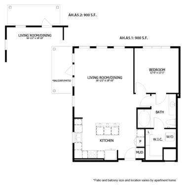 Rendering of the AH A5 floor plan with 1 bedroom[s] and 1 bathroom[s] at August Hills