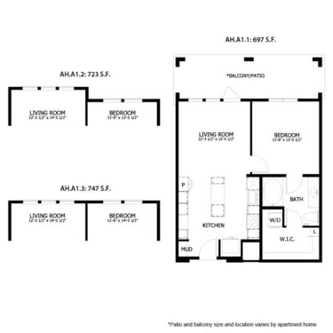 Rendering of the AH A1 floor plan with 1 bedroom[s] and 1 bathroom[s] at August Hills