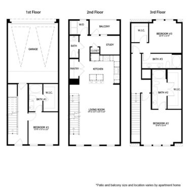 Rendering of the AH TH C1 floor plan with 3 bedroom[s] and 2.5 bathroom[s] at August Hills