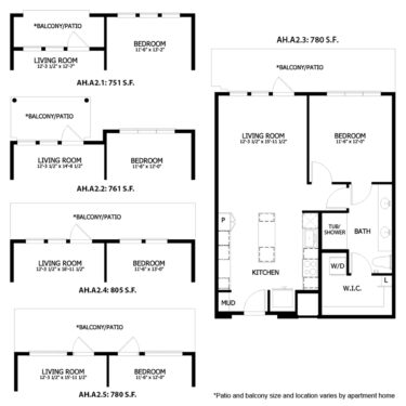 Rendering of the AH A2 floor plan with 1 bedroom[s] and 1 bathroom[s] at August Hills