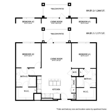 Rendering of the AH B1 floor plan with 2 bedroom[s] and 2 bathroom[s] at August Hills
