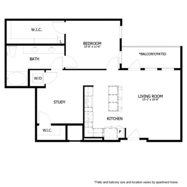 Rendering of the AH A6 floor plan with 1 bedroom[s] and 1 bathroom[s] at August Hills