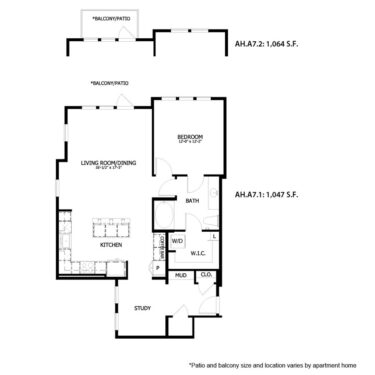 Rendering of the AH A7 floor plan with 1 bedroom[s] and 1 bathroom[s] at August Hills