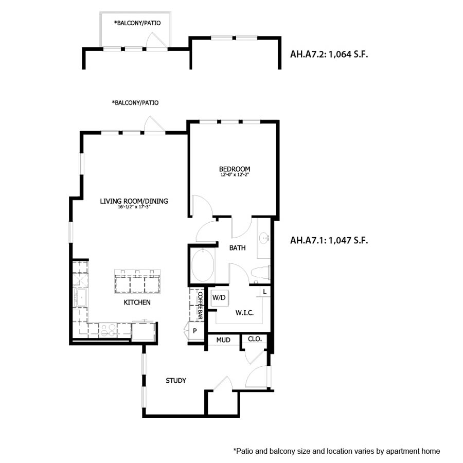 Rendering of the AH A7 floor plan with 1 bedroom[s] and 1 bathroom[s] at August Hills