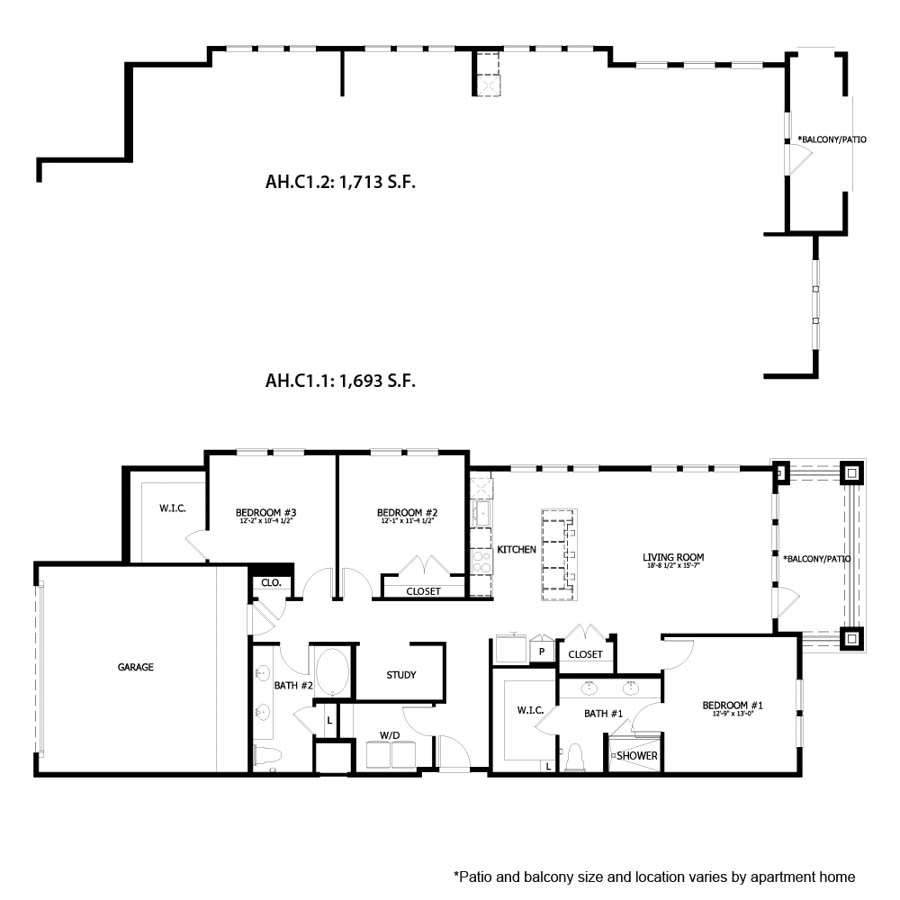 Rendering of the AH C1 floor plan with 3 bedroom[s] and 2 bathroom[s] at August Hills