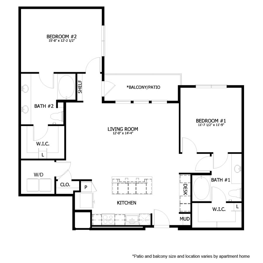 Rendering of the AH B4 floor plan with 2 bedroom[s] and 2 bathroom[s] at August Hills